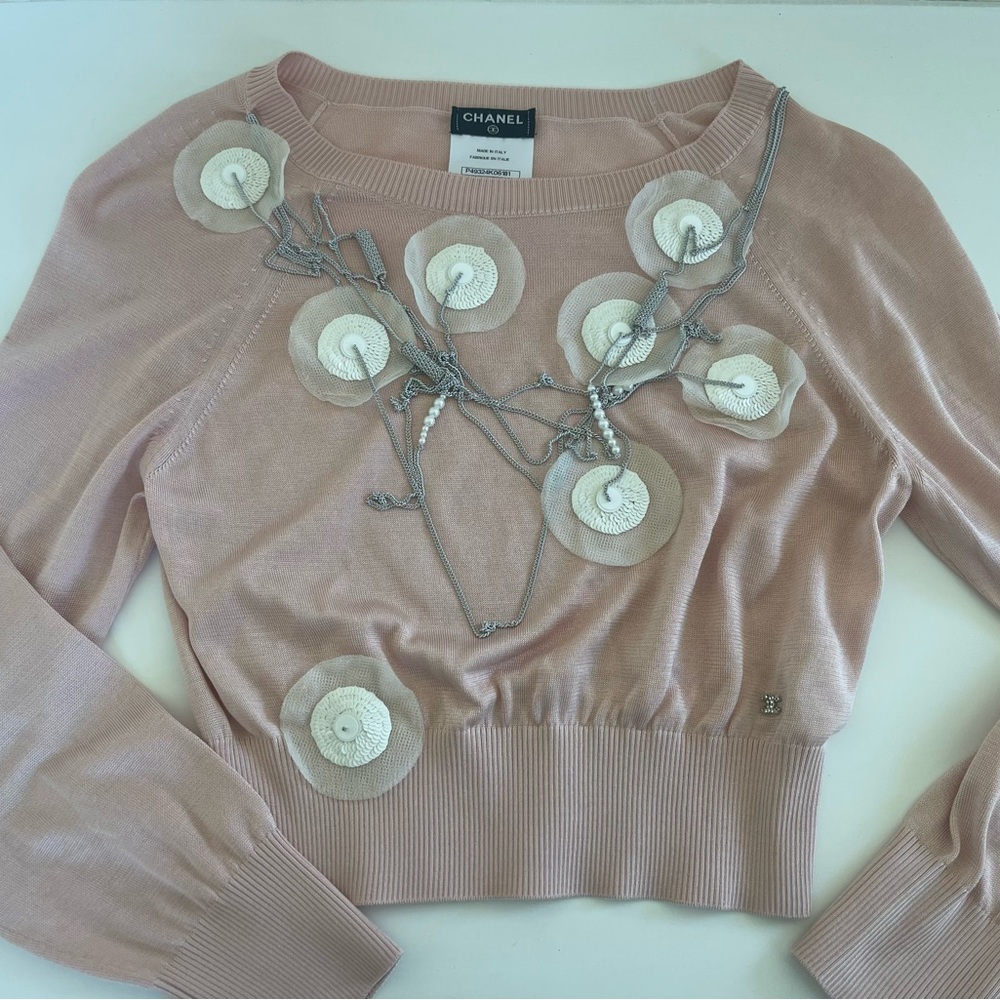Chanel 100% Silk Pink Top Size 34 with Silver Chain and Sequin Embellishments